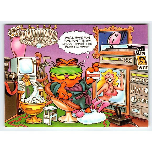 Garfield In Sunglasses Fun Fun Postcard Signed Jim Davis Comic Cat 1978 Unused - Picture 1 of 2